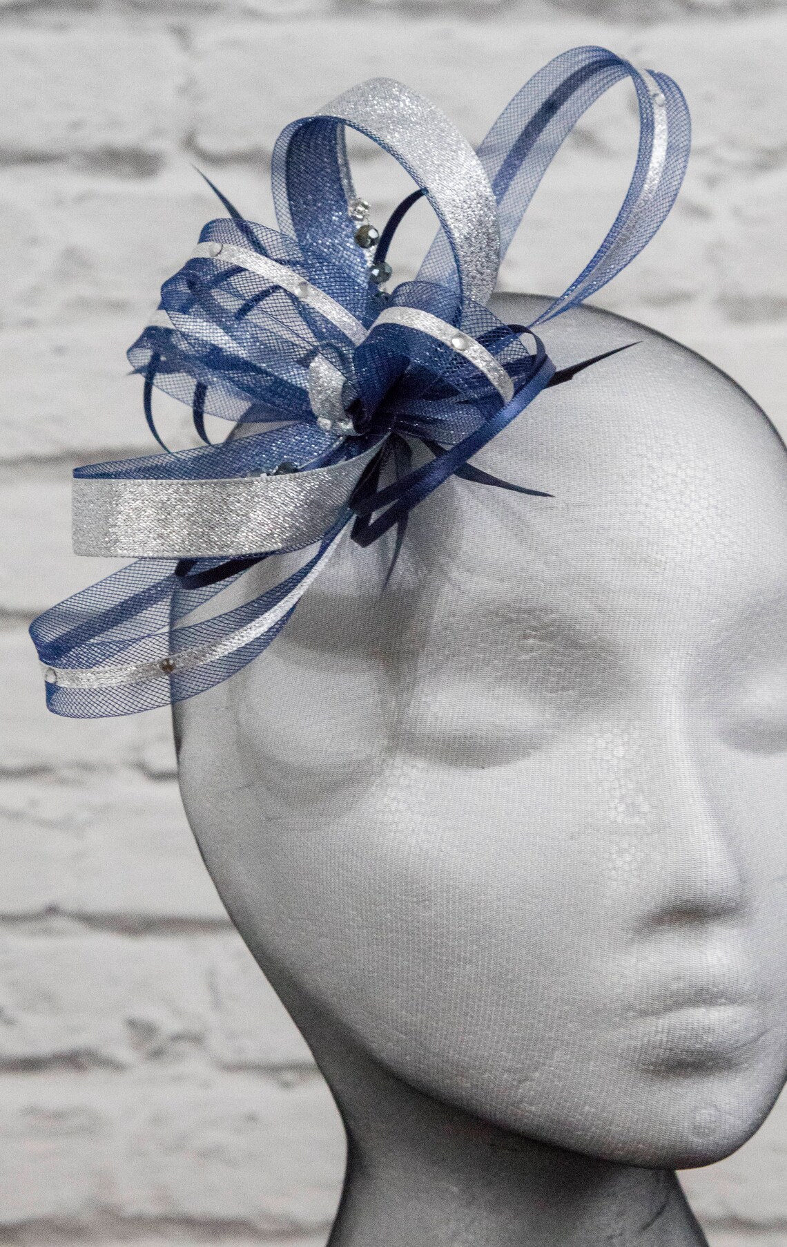 Navy Blue Fascinator With Silver Lurex Trim and Sparkling Etsy UK