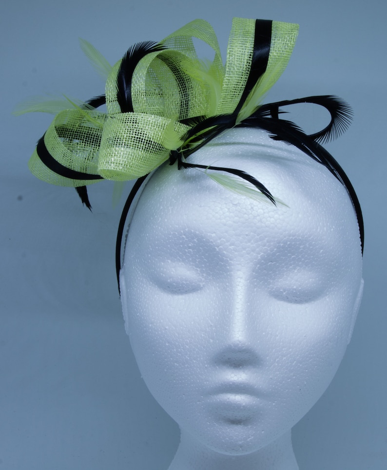 Citrus lime and black fascinator on an clip, comb and Alice band image 6