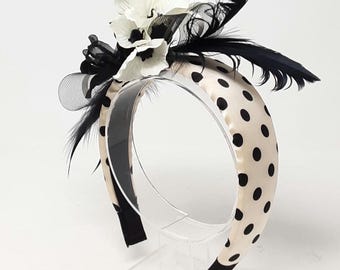 Rockabilly 50s Polka Dot Padded Headband - Ivory and black Statement Alice Band - Vintage Style Hatinator with Fabric Orchids & Feathers