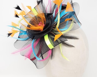 Rainbow Feather Fascinator | Crinoline Bow Hair Clip, Customizable