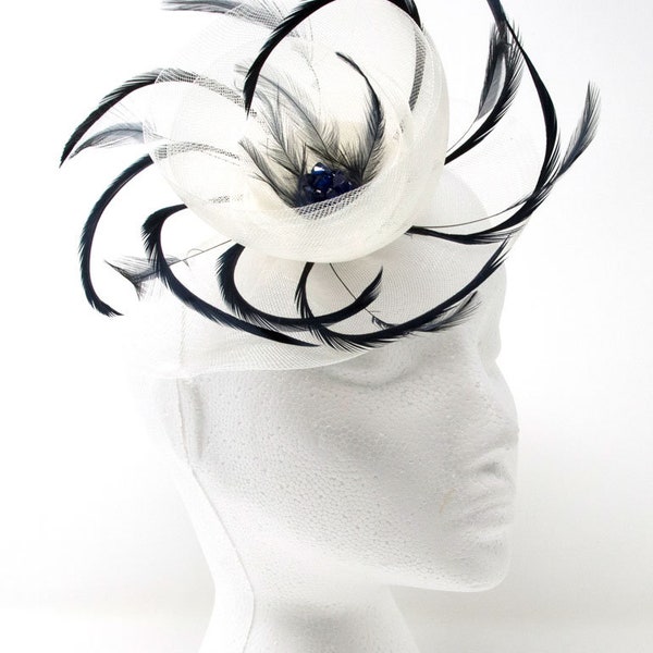 Ivory and navy blue hatinator fascinator with bead and diamante' cluster