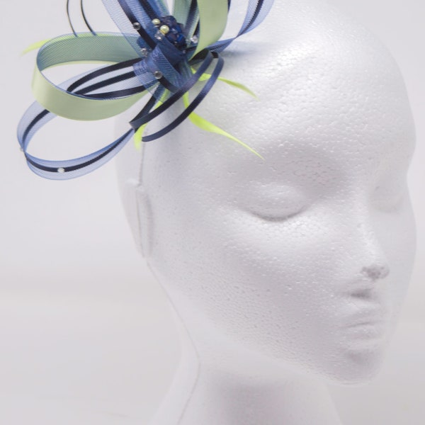 Navy blue & citrus lime fascinator  with diamante' on comb clip and alice band