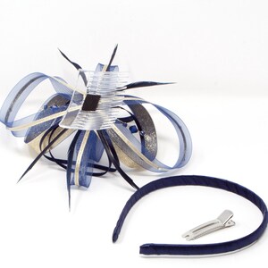 Navy blue fascinator with gold lurex trim and sparkling diamantè with comb, clip, & alice band. image 4