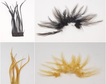 Mustard and chocolate brown feathers for hat making, coque, biots, turkey and hackle milinery fascinator DIY.