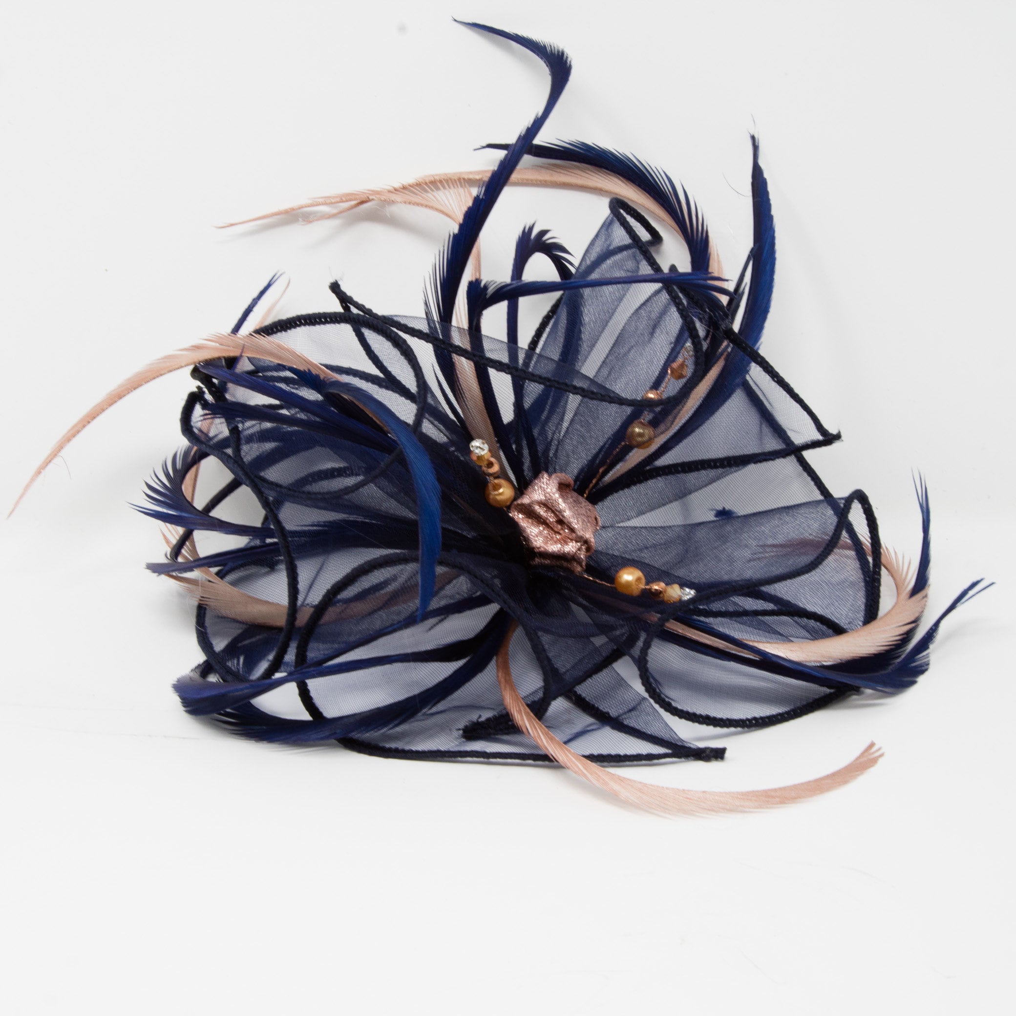 Navy Blue Organza Fascinator With Rose 