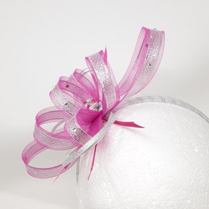 Fuchsia pink fascinator silver metalic ribbon trim, diamantè and centre bead cluster on a comb, clip, & alice band. image 5