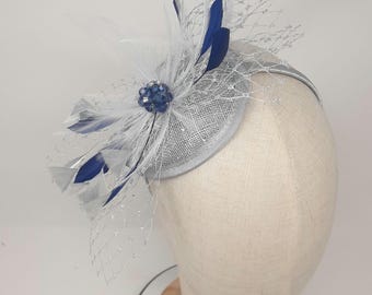 1940s Style Teardrop Fascinator: Silver & French Navy Wedding Headpiece