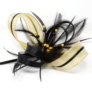 Black and gold lurex fascinator with bead cluster on a comb, clip & alice band