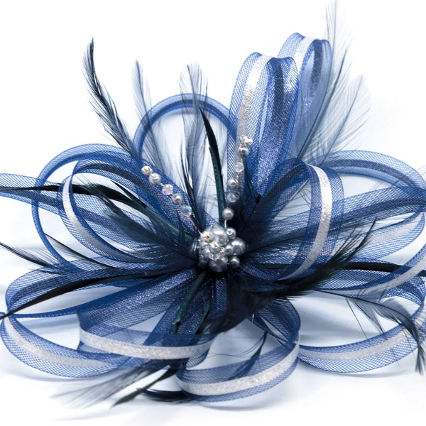 Navy Blue and silver fascinator with a touch of sparkling diamantè on clip, comb and Alice band.