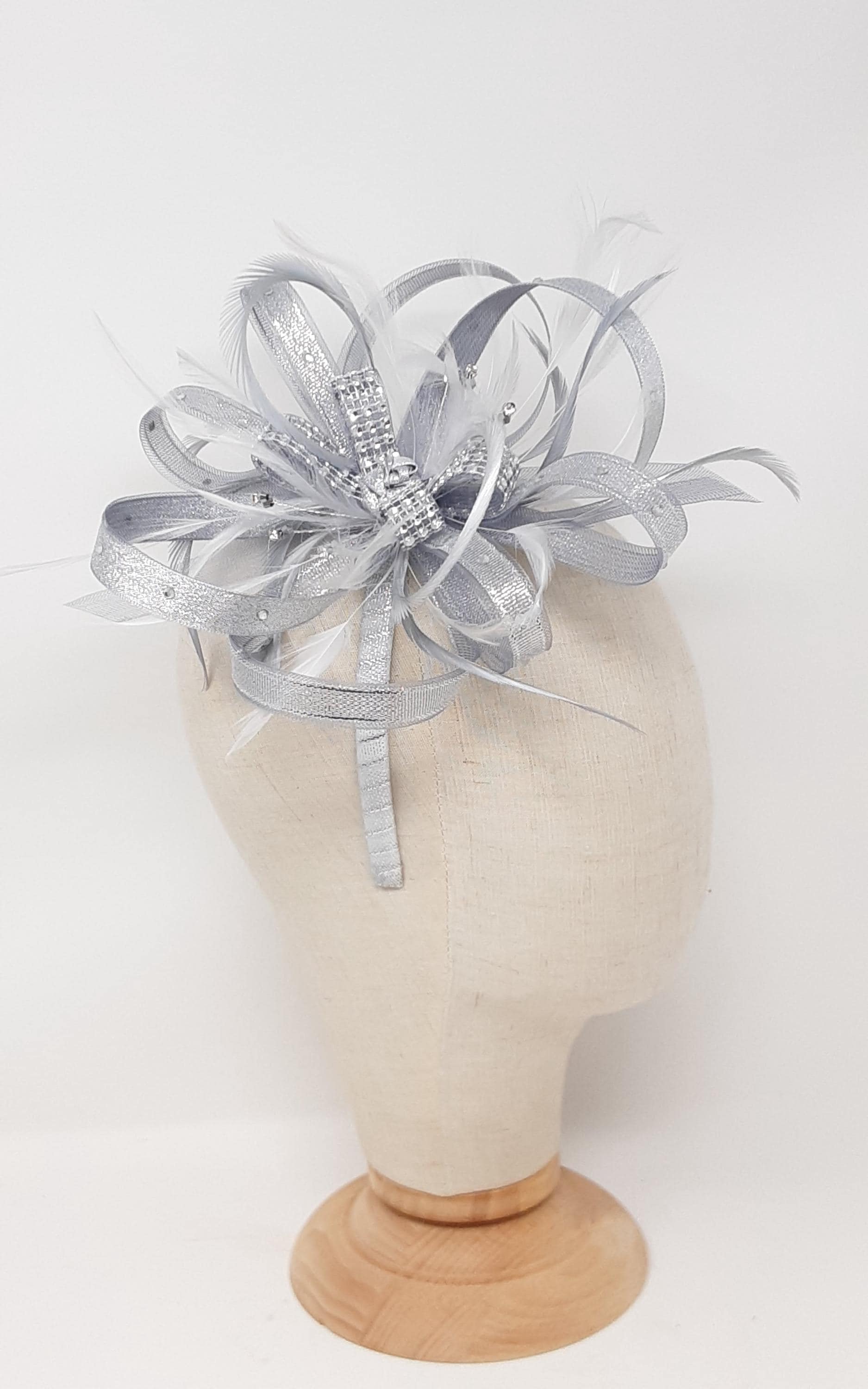Handcrafted Silver Gray Ribbon Fascinator With Swirl & Bead Detailing For Women Silver Fascinator - Etsy main image 4