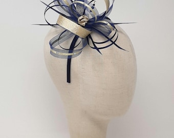Navy Fascinator: Gold Lurex Trim, Diamantè, Comb, Clip & Alice Band