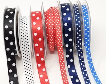 Polka dot ribbon black and white, navy and white, red and white, royal blue and white for milinery fascinator craft DIY. Sold by the meter