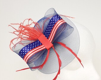 Red white and blue coronation party fascinator attached to a crocodile clip