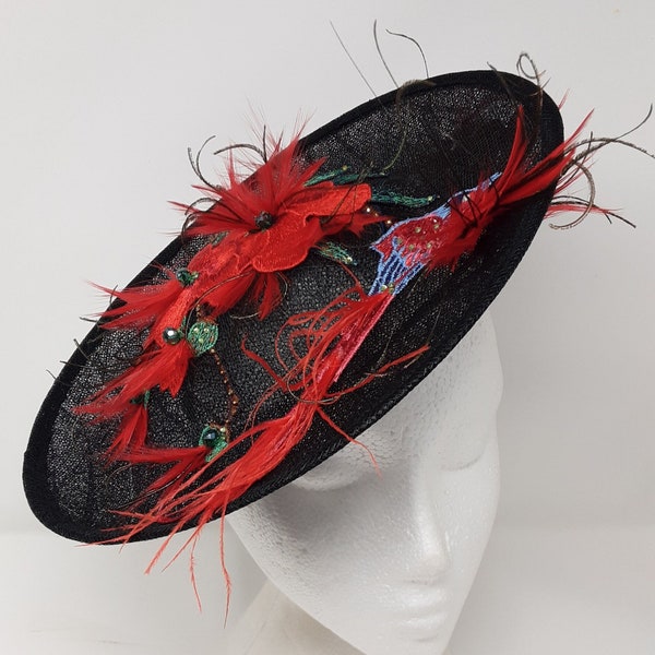 Black sinamay fascinator hatinator with red embroidered flowers on clip,comb and Alice band.