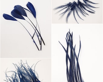 Navy blue feathers for hat making, coque, biots, turkey and hackle milinery fascinator DIY.