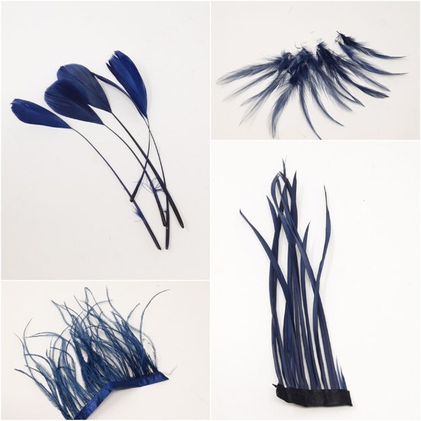 Navy blue feathers for hat making, coque, biots, turkey and hackle milinery fascinator DIY.
