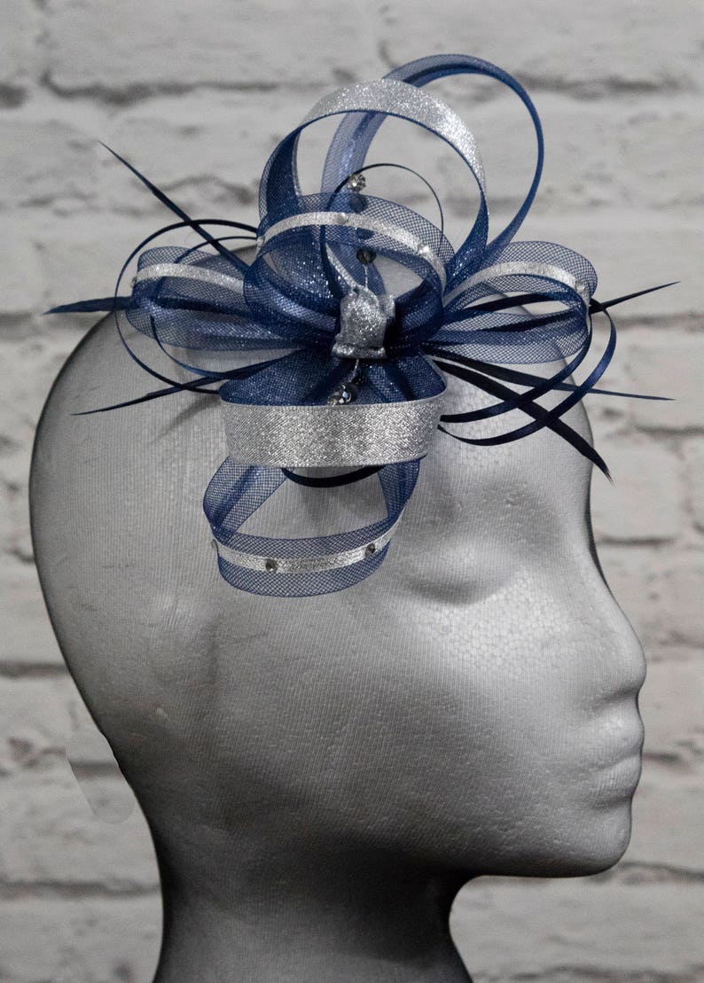 Navy Blue Fascinator With Silver Lurex Trim and Sparkling Etsy UK