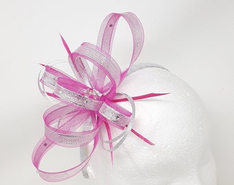 Fuchsia pink fascinator silver metalic ribbon trim, diamantè and centre bead cluster on a comb, clip, & alice band.