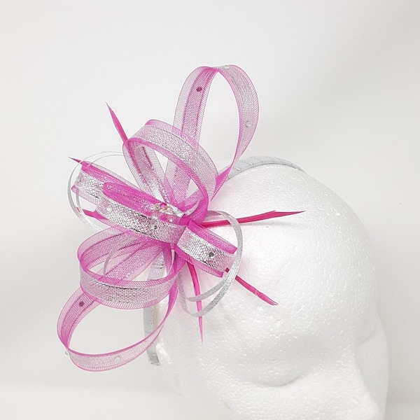 Fuchsia pink fascinator silver metalic ribbon trim, diamantè and centre bead cluster on a comb, clip, & alice band.