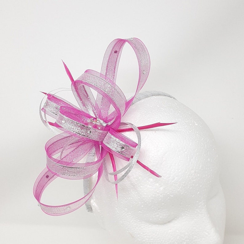 Fuchsia pink fascinator silver metalic ribbon trim, diamantè and centre bead cluster on a comb, clip, & alice band. image 1