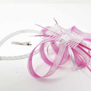 Fuchsia pink fascinator silver metalic ribbon trim, diamantè and centre bead cluster on a comb, clip, & alice band. image 7