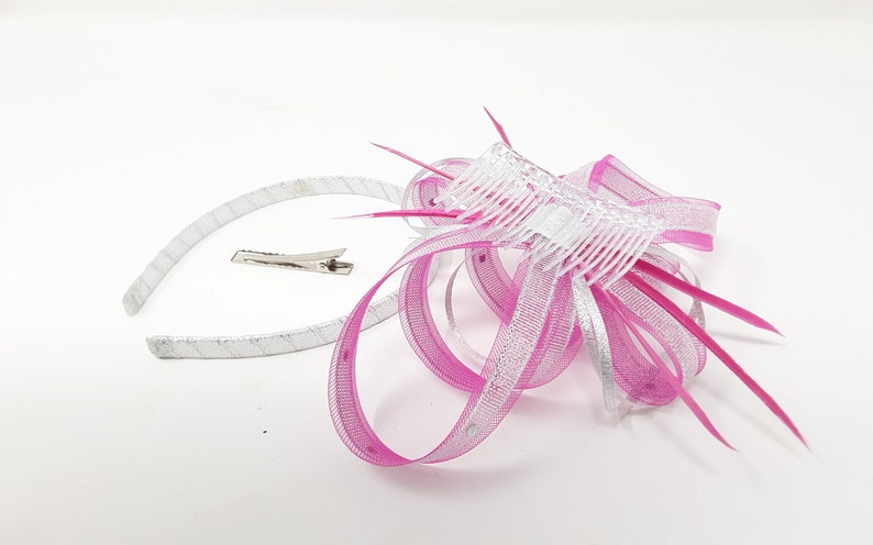 Fuchsia pink fascinator silver metalic ribbon trim, diamantè and centre bead cluster on a comb, clip, & alice band. image 7