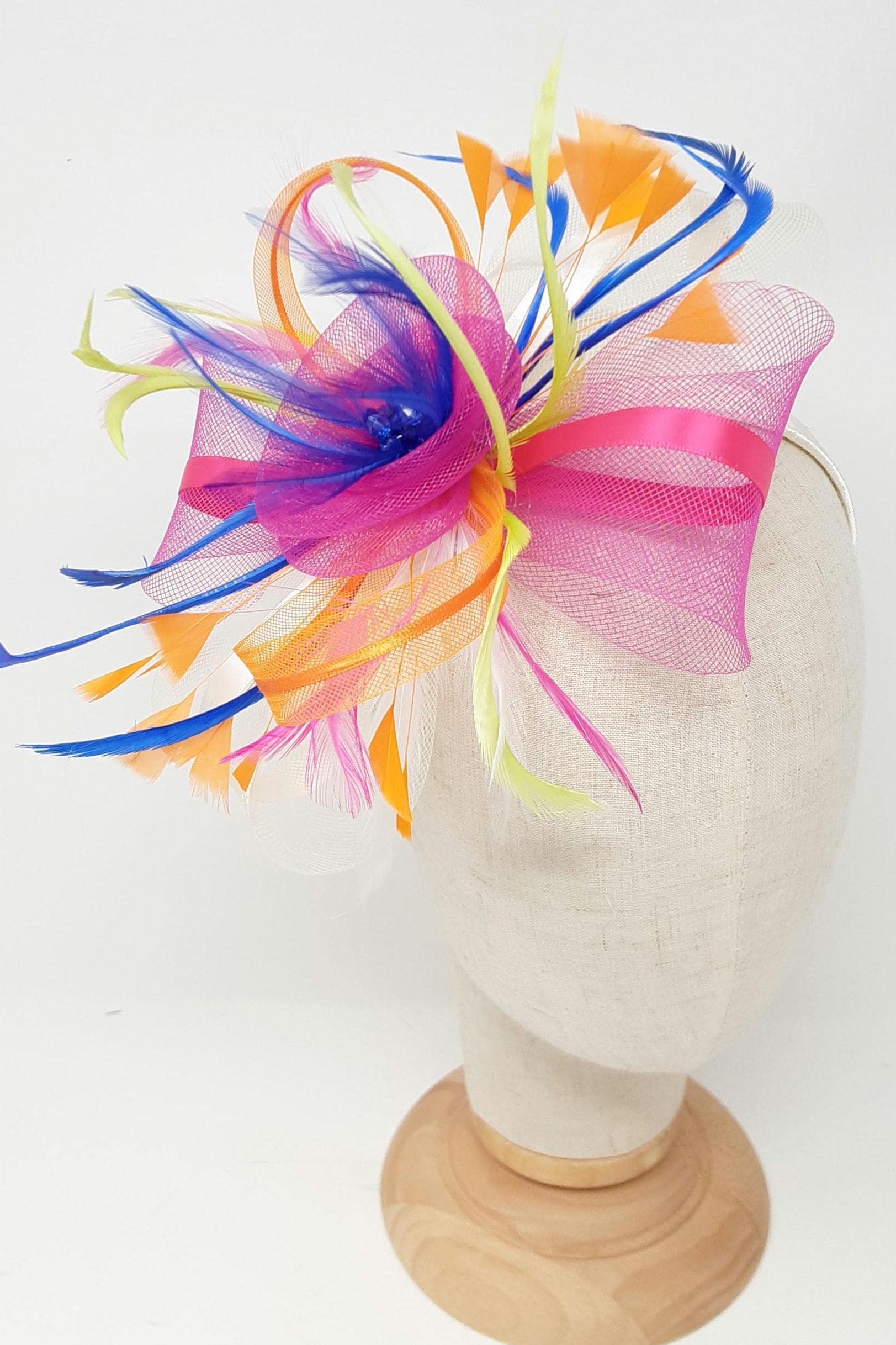 Tropical colours fascinator with centre bead cluster on comb, Alice band and clip.