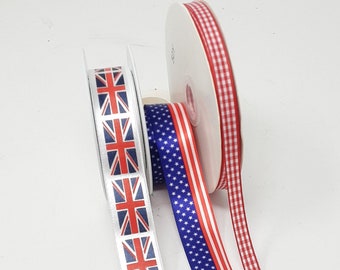 Patriotic ribbon,  stars and stripes, Union Jack, gingham for milinery fascinator craft DIY. Sold by the meter