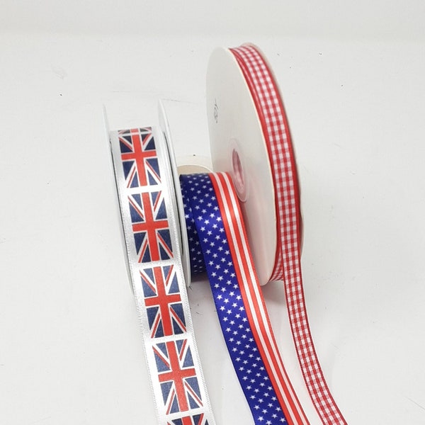 Patriotic ribbon,  stars and stripes, Union Jack, gingham for milinery fascinator craft DIY. Sold by the meter