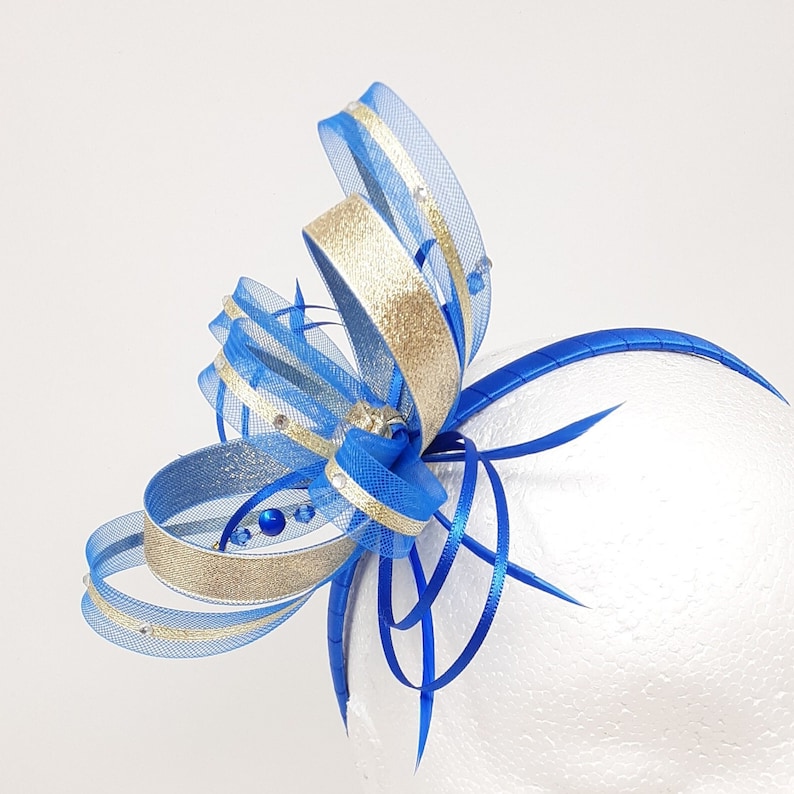 Cobalt blue fascinator with gold lurex trim and sparkling diamantè with comb, clip, & alice band. image 4