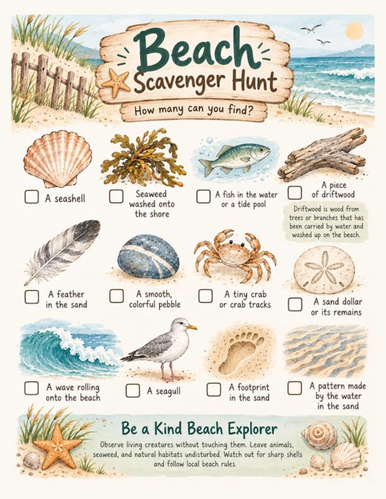 Beach Scavenger Hunt Printable for Kids | Coastal Nature Walk Activity ...