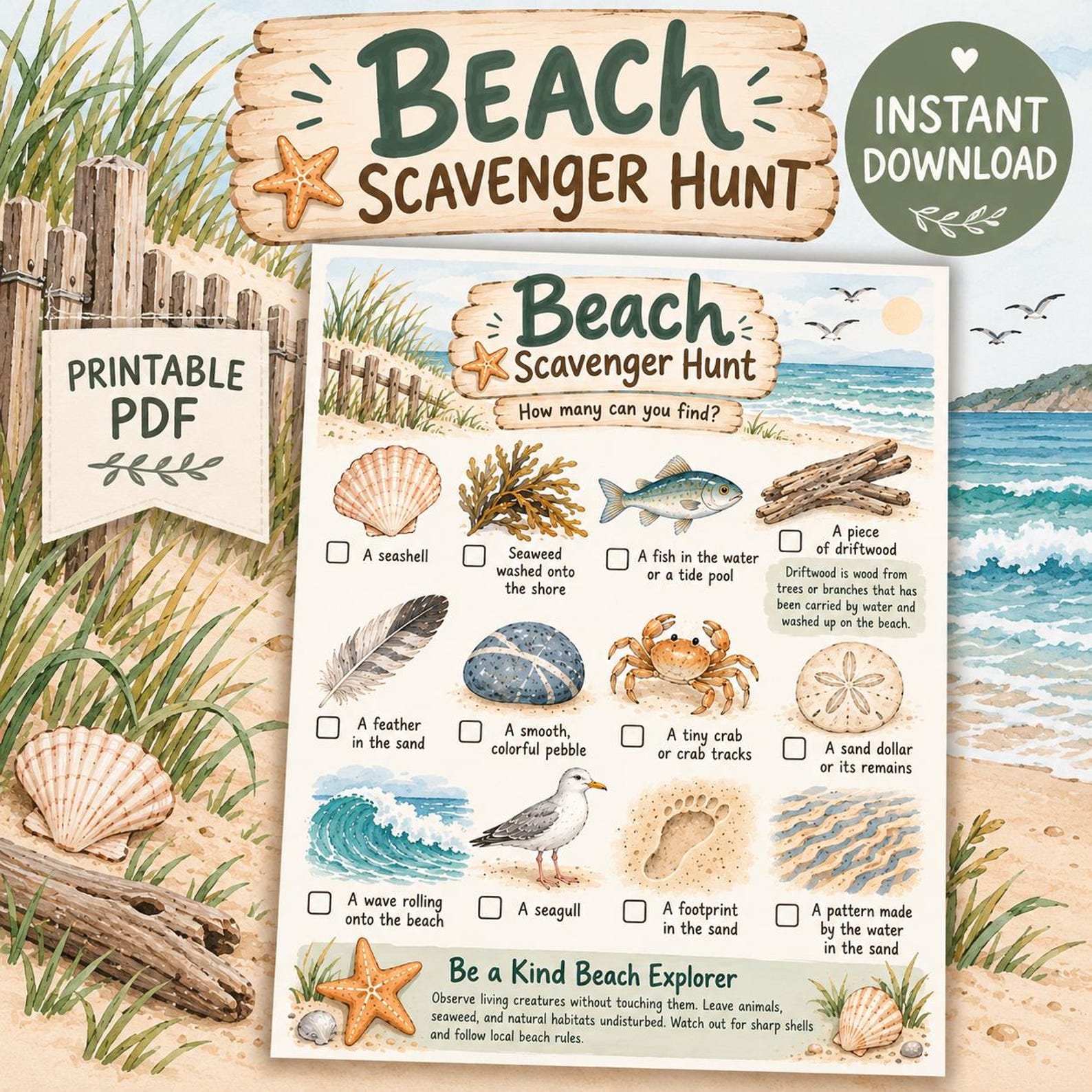 Beach Scavenger Hunt Printable for Kids | Coastal Nature Walk Activity ...