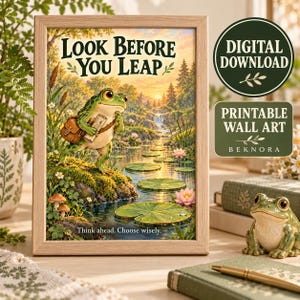 Arte de parede educativa, estampa de sapo fofo, pôster com citação "Olhe antes de pular", cena de lagoa em estilo cottagecore, decoração com animais inspiradora, download digital.