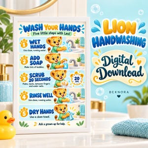以下が含まれることがあります： Wash Your Hands Five little steps with Leo!というタイトルの白い額縁に入ったポスター。手洗いの手順を示すライオンのキャラクターが描かれています。テキストには、手を濡らす、石鹸をつける、20秒間こする、すすぐ、乾かすという手順が記載されています。