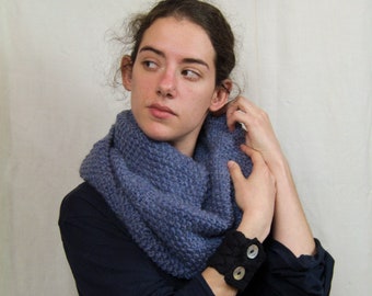 Handknit infinity scarf in pure new wool scarf with decorative strap - MOYRA sapphire