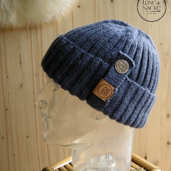 Bonnet de marin tricoté main en pure laine - VASCO bleu jeans