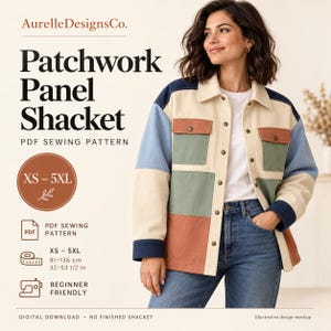 May include: A patchwork panel shacket PDF sewing pattern by AurelleDesignsCo. The garment features a color-blocked design in cream, navy blue, sage green, and terracotta. It includes a collar, button-front closure, and two chest pockets.