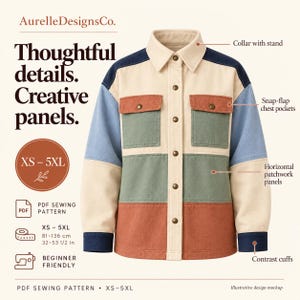 Illustrative patchwork shacket showing the collar stand, snap front, chest flap pockets, horizontal body panels and contrast cuffs.