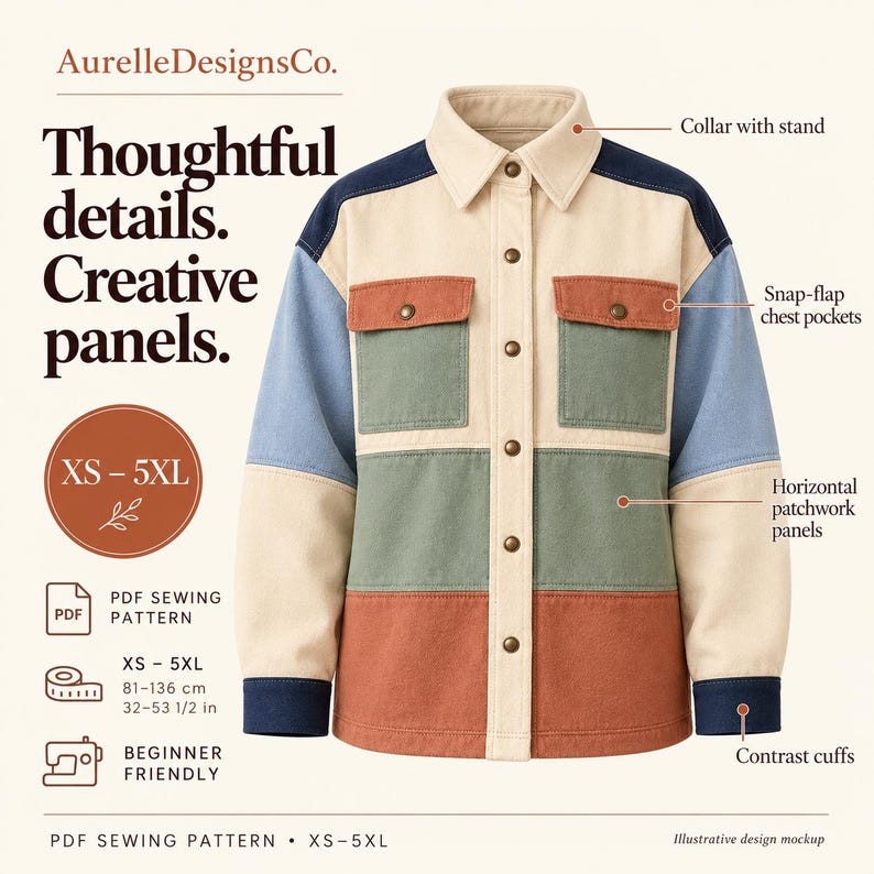 Illustrative patchwork shacket showing the collar stand, snap front, chest flap pockets, horizontal body panels and contrast cuffs.
