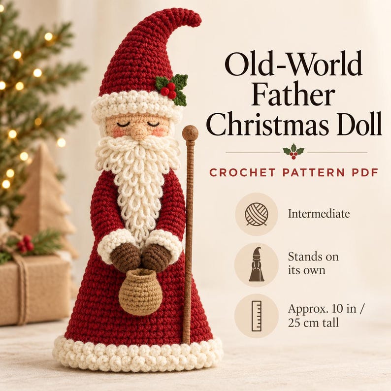 Final Etsy product graphic showing a red Old-World Father Christmas crochet doll with cream beard and robe trim beside the pattern name, skill level, size and US and UK PDF details.