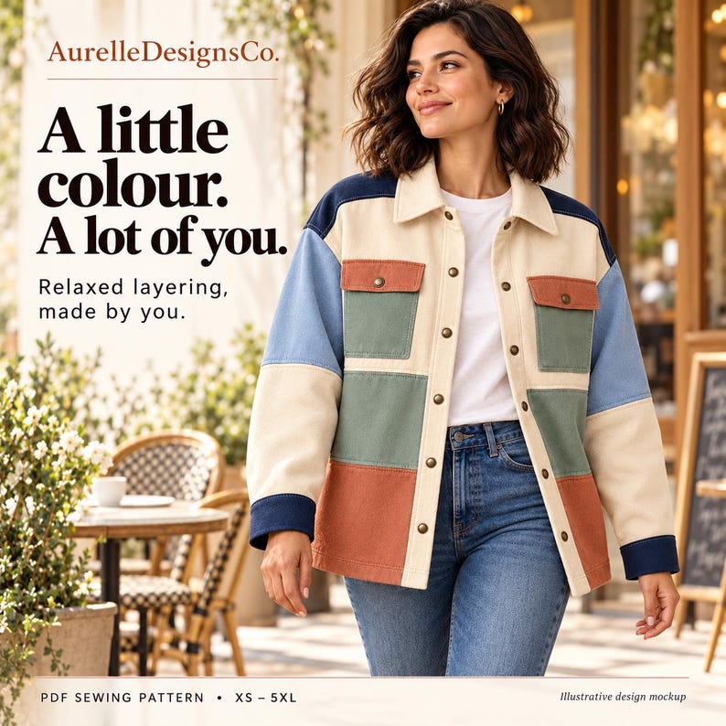 Illustrative café scene showing a woman wearing the colour-blocked shacket over an ivory top with jeans, demonstrating its relaxed layering style.