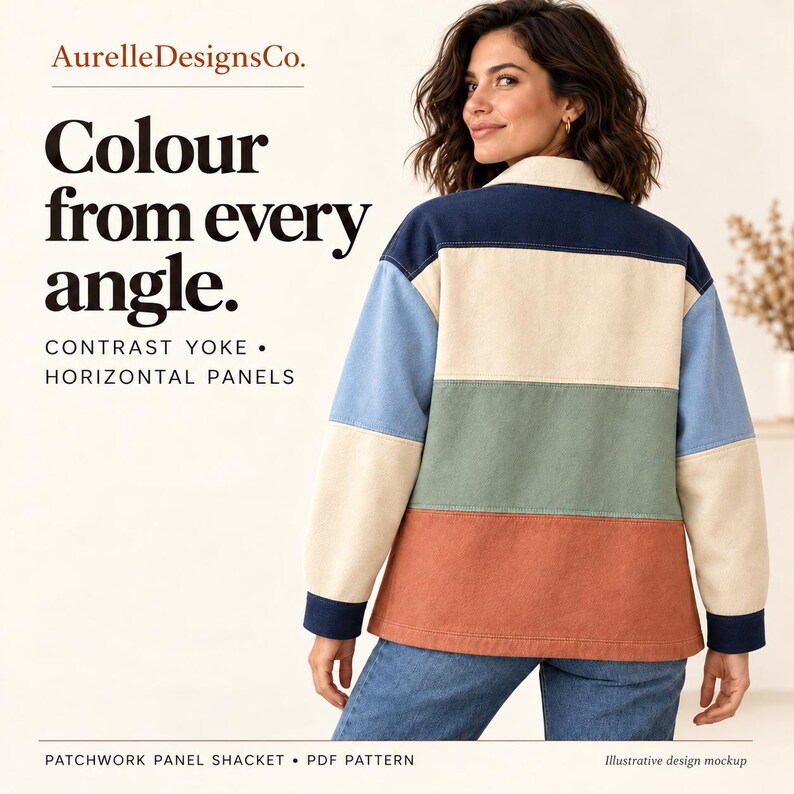 May include: A long-sleeve shacket featuring horizontal colour-blocked panels in navy, cream, sage green, and terracotta. The garment includes a contrast yoke, a collar, and buttoned cuffs. Text reads: AurelleDesignsCo. Colour from every angle. CONTRAST YOKE &bull; HORIZONTAL PANELS PATCHWORK PANEL SHACKET &bull; PDF PATTERN.