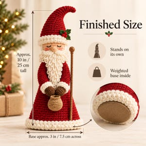 Father Christmas crochet doll with numbered visual callouts showing the head and face, flowing beard and mustache, hood and holly, and arms with gift sack and staff.