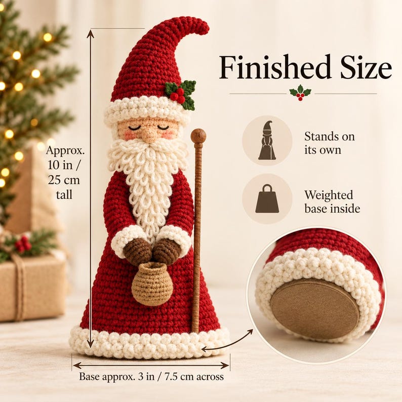 Father Christmas crochet doll with numbered visual callouts showing the head and face, flowing beard and mustache, hood and holly, and arms with gift sack and staff.