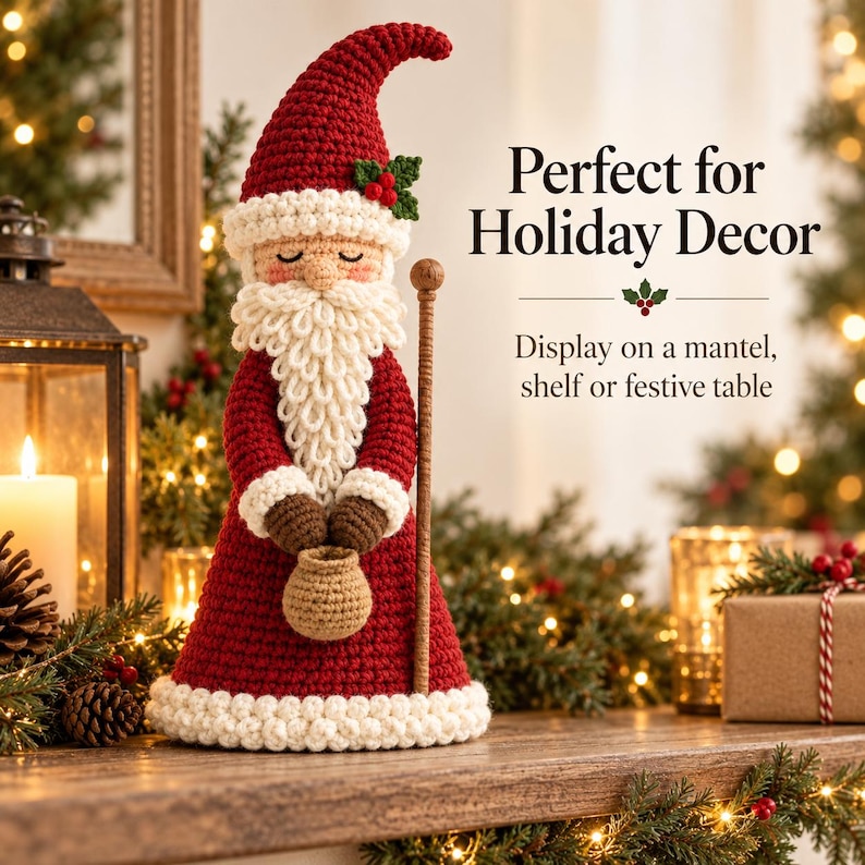 Crochet Father Christmas doll beside illustrated callouts describing the pattern sections, weighted-base guide, face placement, assembly instructions and project tracker.