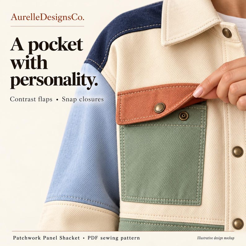 May include: A colour-blocked shacket featuring cream, navy blue, light blue, terracotta, and sage green panels. The garment includes a chest pocket with a terracotta flap, metallic snap closures, and text reading AurelleDesignsCo. A pocket with personality. Contrast flaps. Snap closures. Patchwork Panel Shacket. PDF sewing pattern. Illustrative design mockup.
