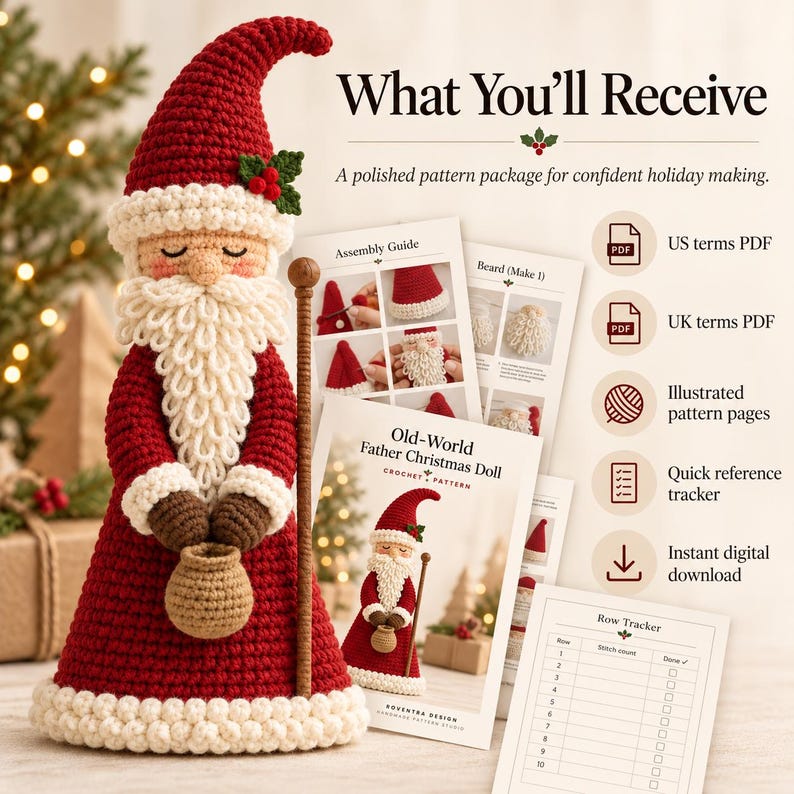 Red crocheted Father Christmas doll next to supply illustrations showing worsted yarn, a 3.5 mm crochet hook, stuffing, pellets, cardboard insert, wooden dowel and stitch markers.