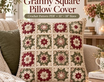 May include: A square crochet pillow cover featuring a repeating granny square pattern in cream, sage green, and deep red. The text reads AurelleDesignsCo, Granny Square Pillow Cover, and Crochet Pattern PDF 16 inch + 18 inch Sizes.