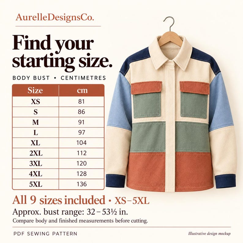 May include: A colour-blocked button-up jacket featuring cream, navy blue, light blue, olive green, and terracotta panels. The image includes a size chart with text 'AurelleDesignsCo. Find your starting size. BODY BUST CENTIMETRES' and 'All 9 sizes included XS-5XL. Approx. bust range: 32-53.5 in. PDF SEWING PATTERN'.