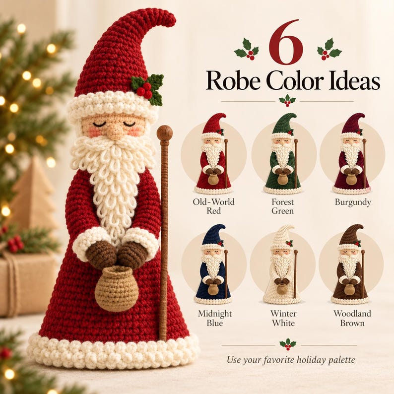 Illustrated measurement graphic of Father Christmas crochet doll showing approximately 10 inches or 25 cm in height, a 3-inch base and a close-up concept of the weighted base.